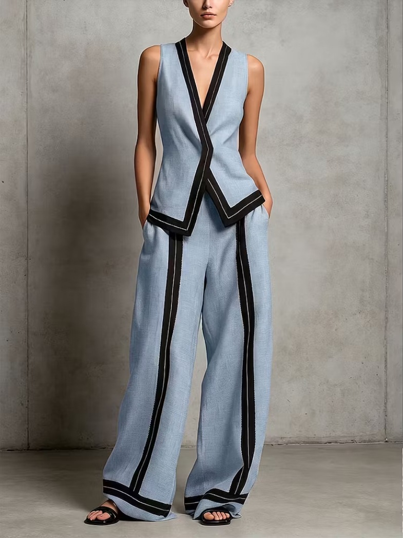 Women's V-Neck Sleeveless Top and High-Waist Wide-Leg Pants Set