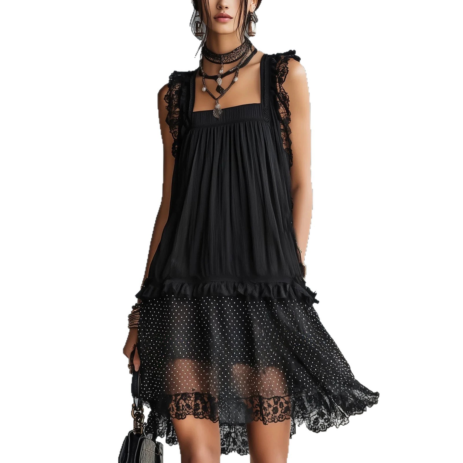 Women's Sleeveless Black Lace Patchwork Dress Round Neck Short