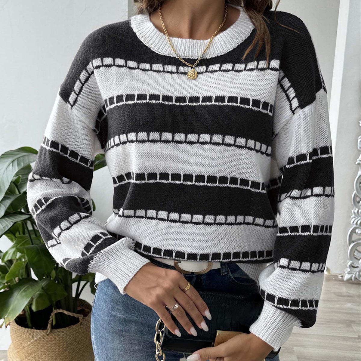 Striped Color-Block Knit Sweater, Long-Sleeve Pullover