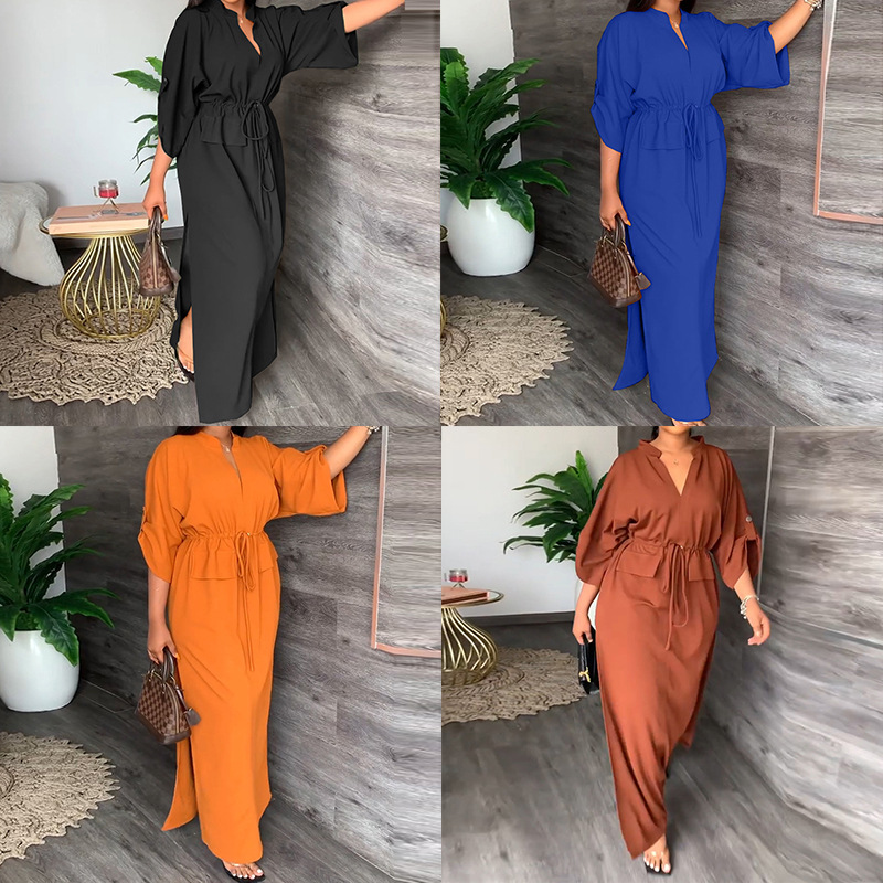 Women's V-Neck Tie Waist Slim Fit Midi Dress