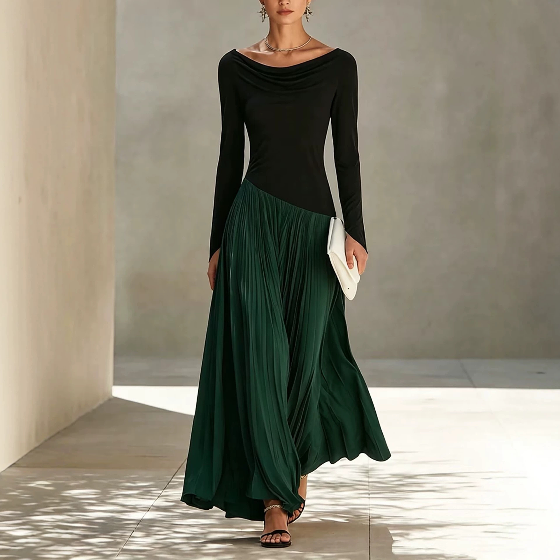 Minimalist Color-Block Draped-Neck Long Dress