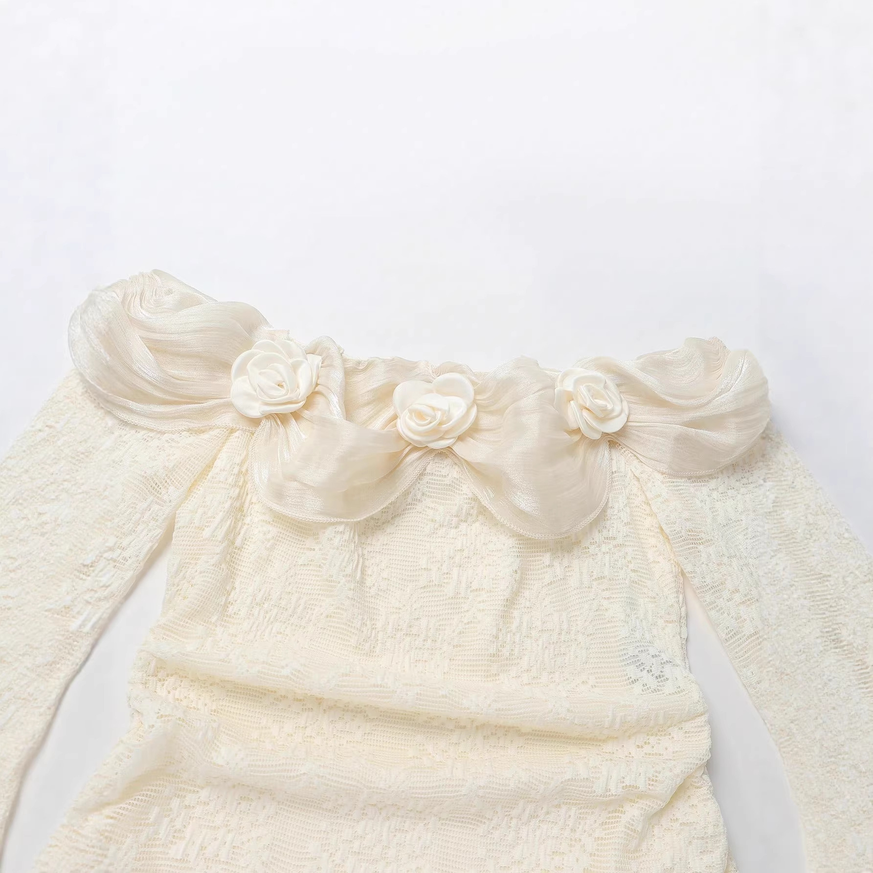 Off-Shoulder 3D Floral Lace Long-Sleeve Fitted Top