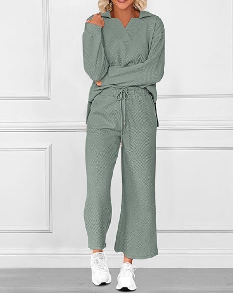 Solid Textured Long-Sleeve Hoodie and Pants Two-Piece Set