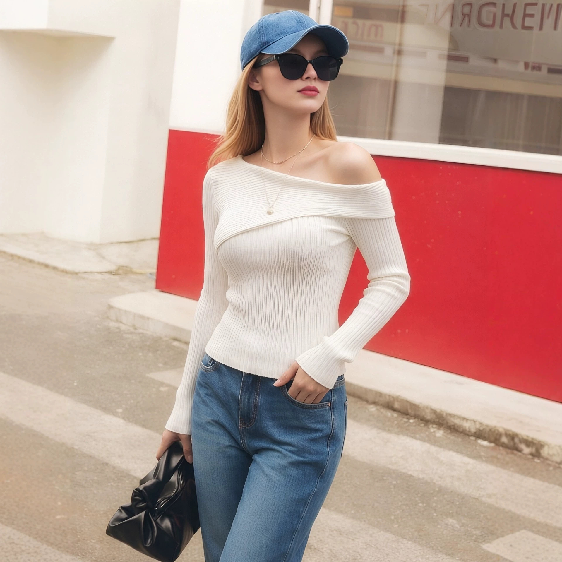 Off-Shoulder Ribbed Knit Top Slim Fit Long Sleeve