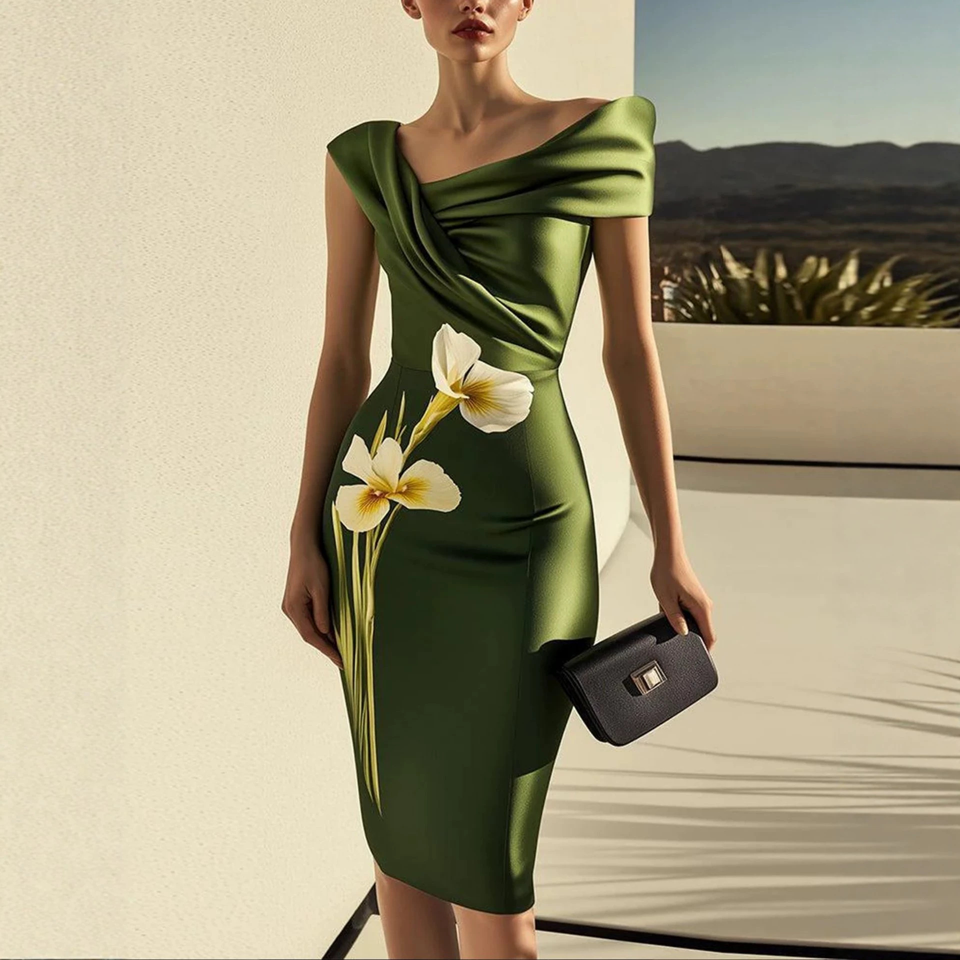Elegant Floral Print Waist-Cinching Midi Dress