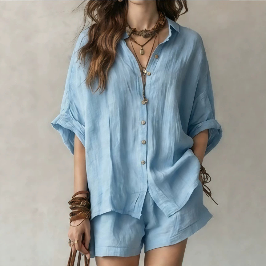 Women's Casual Two-Piece Set Loose Short Sleeve Collared Shirt and Shorts