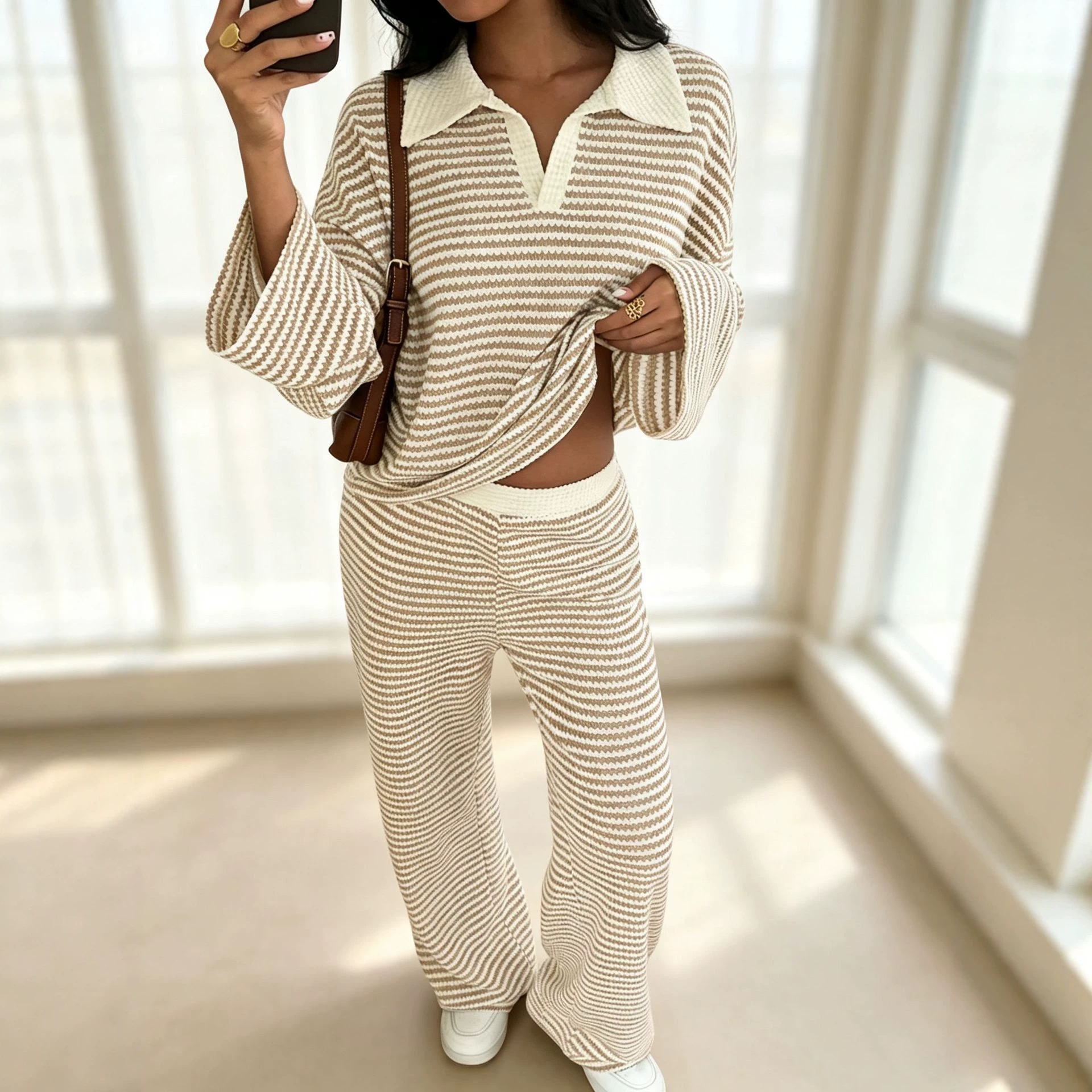 Striped Collar Neck Knit Two-Piece Set with Long Sleeve Top and High-Waist Wide-Leg Pants