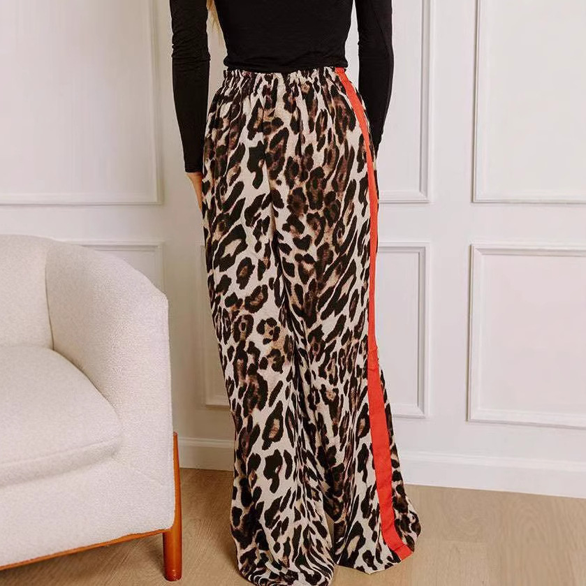 Leopard Print Patchwork Wide-Leg Casual Pants