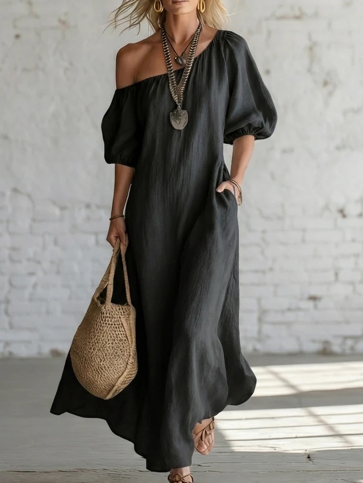Women's Solid Color Loose One-Shoulder Long Cotton-Linen Dress