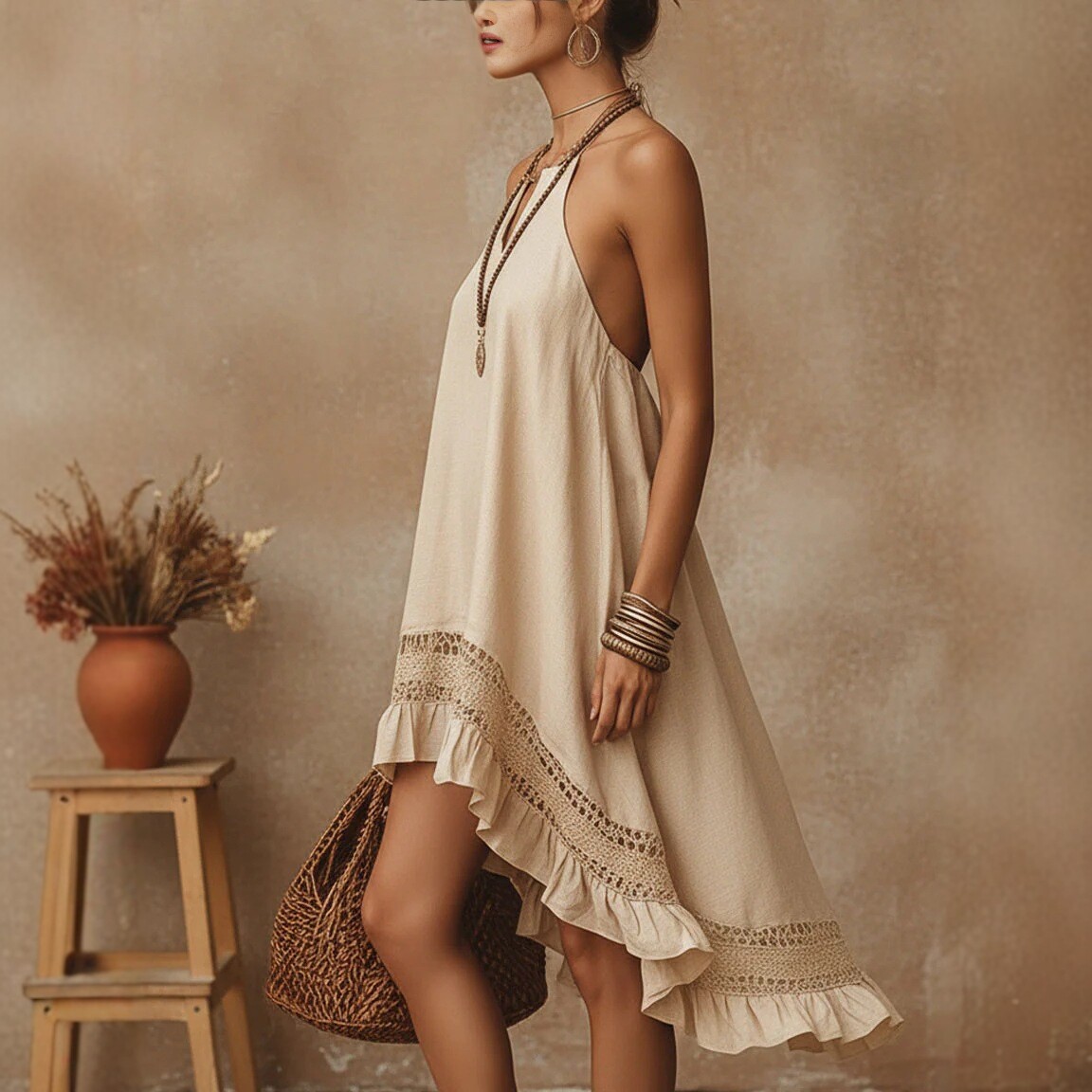 Bohemian Halter V-Neck Lace Crochet Panel Asymmetric Hem Cotton-Linen Mini Dress