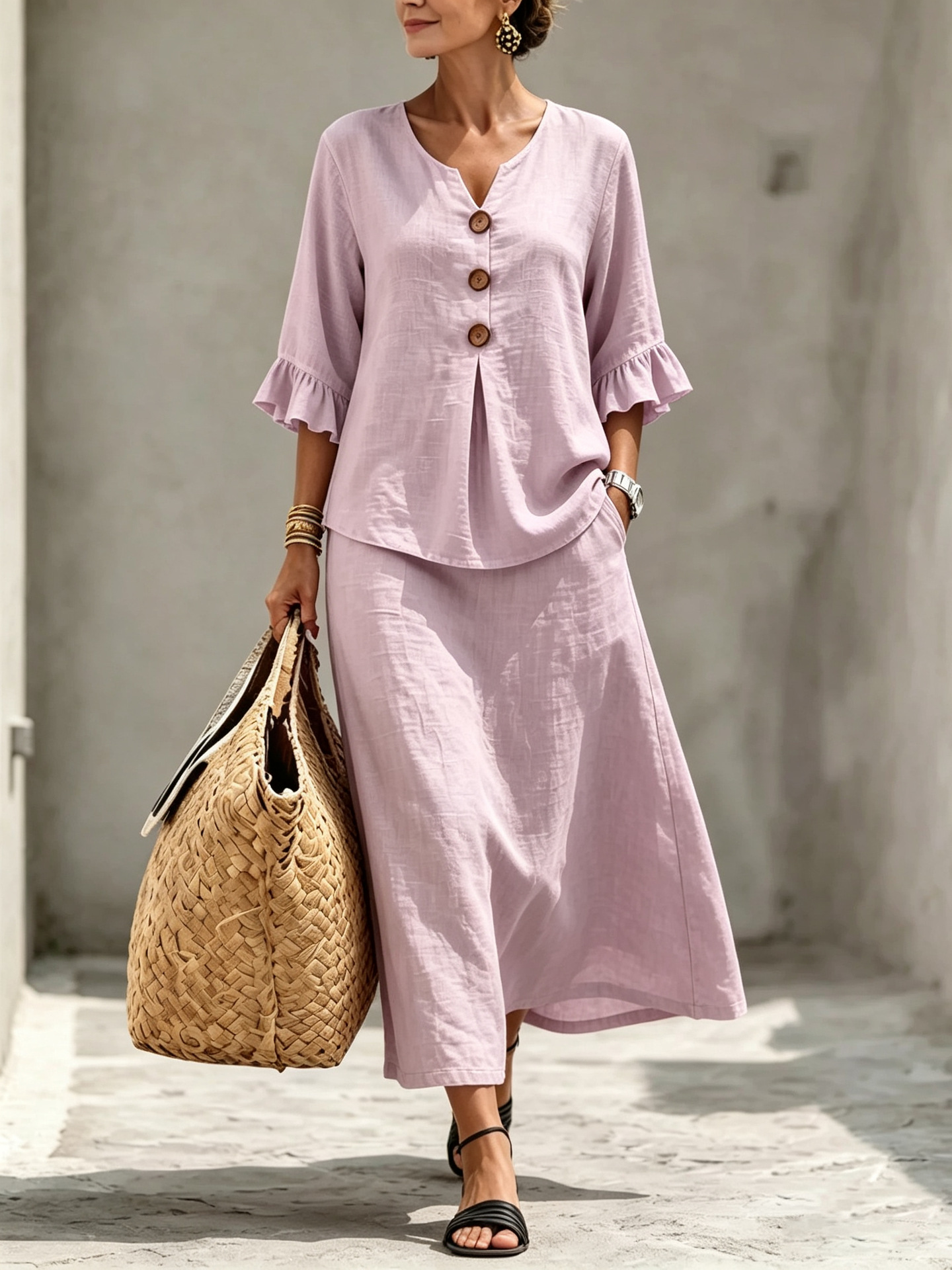 Women's Solid Button V-Neck Ruffle Three-Quarter Sleeve Top and Skirt Set