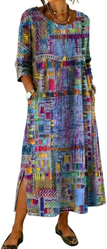 Women's Boho Novelty Print A-Line Midi Dress Long Sleeve
