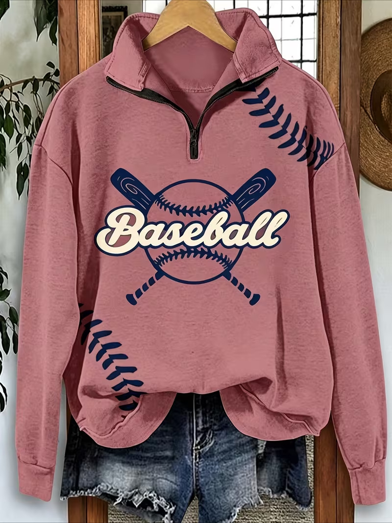 Women's Half-Zip Baseball Letter Print Hoodie