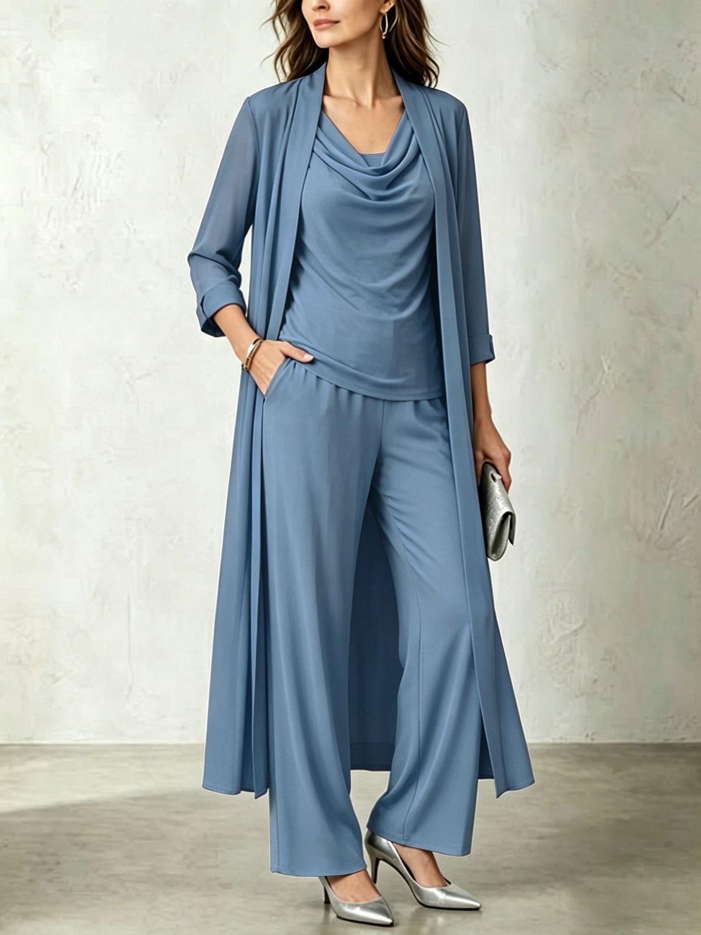 Minimalist Long Sleeve Draped Neck Cardigan and Pants Three-Piece Set