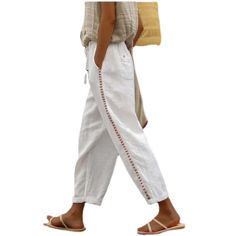 Women's Cropped Straight-Leg Pants with Hollow-Out Splicing, Casual Cotton-Linen