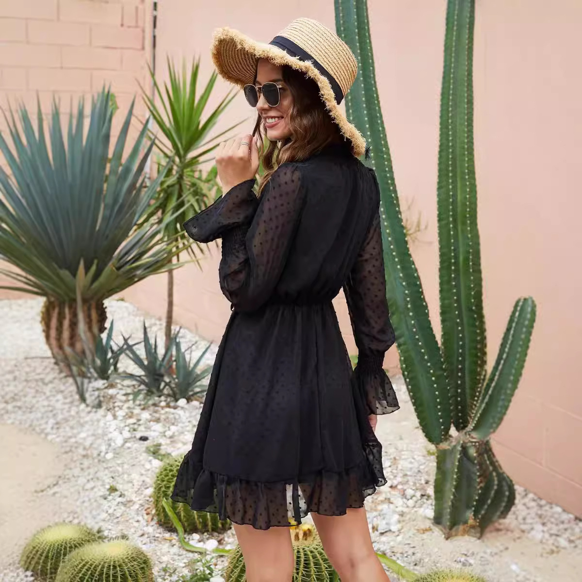Women's Slimming Long Sleeve Ruffle Dress with Tie Belt