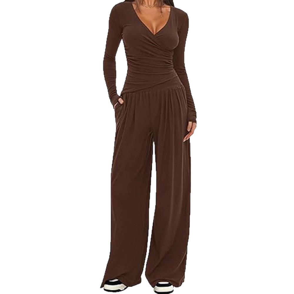 Women's Wide-Leg Pants Set Long Sleeve Solid Color Two-Piece Outfit