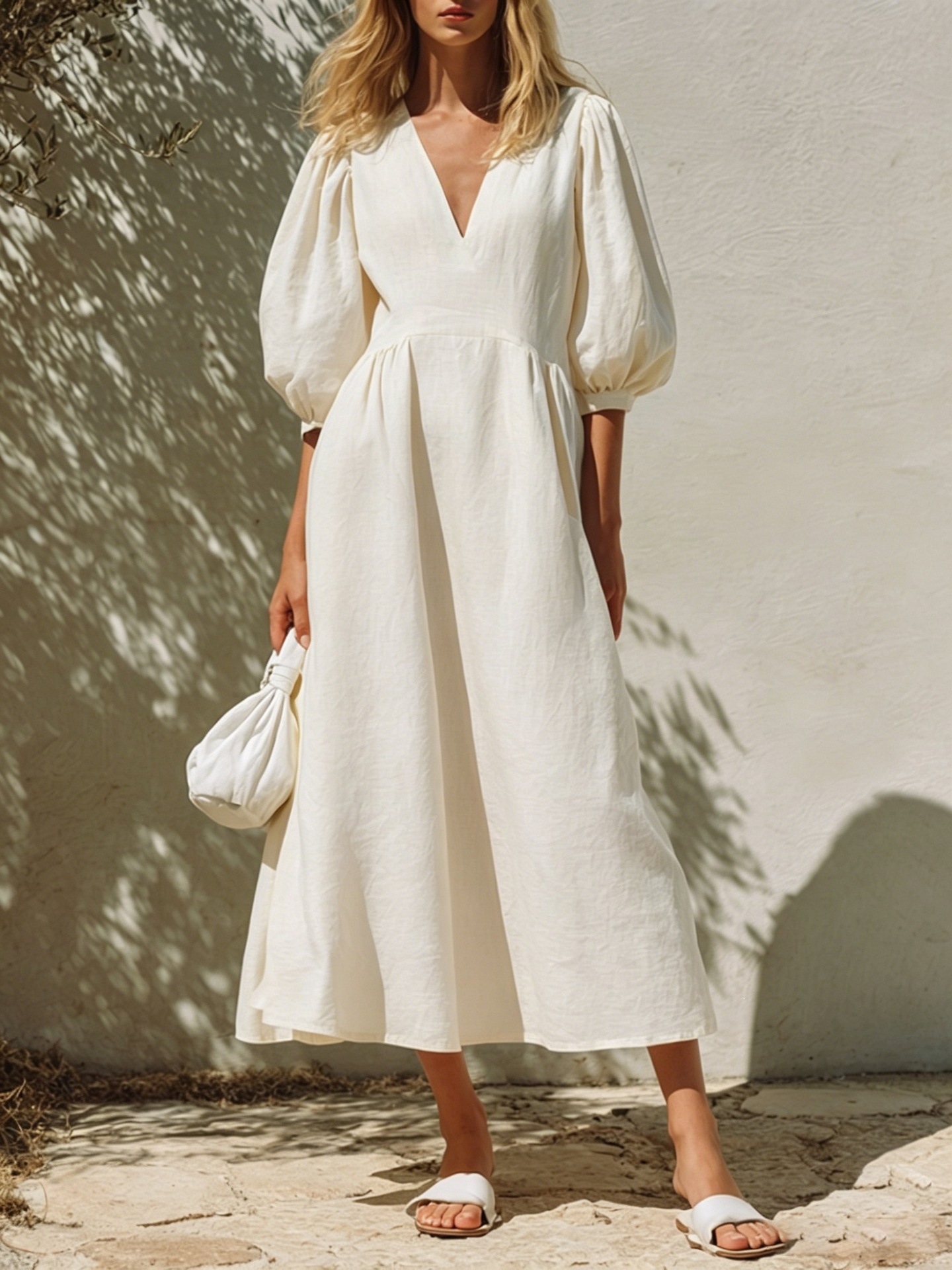 Linen V-Neck Bubble Sleeve A-Line Midi Dress