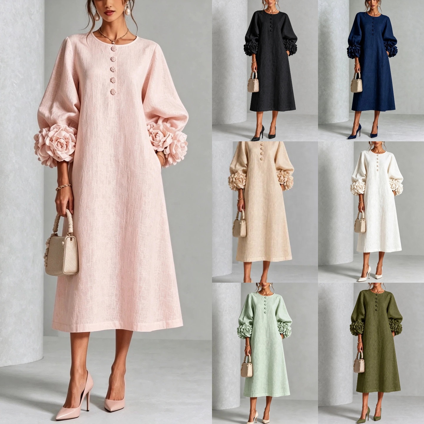 Women's Loose Round Neck Lantern Sleeve Floral Midi Dress