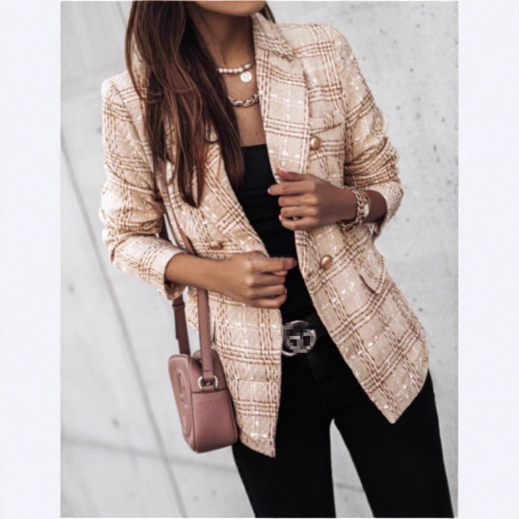 Women's Long Sleeve Double-Breasted Blazer with Suit Collar and Print