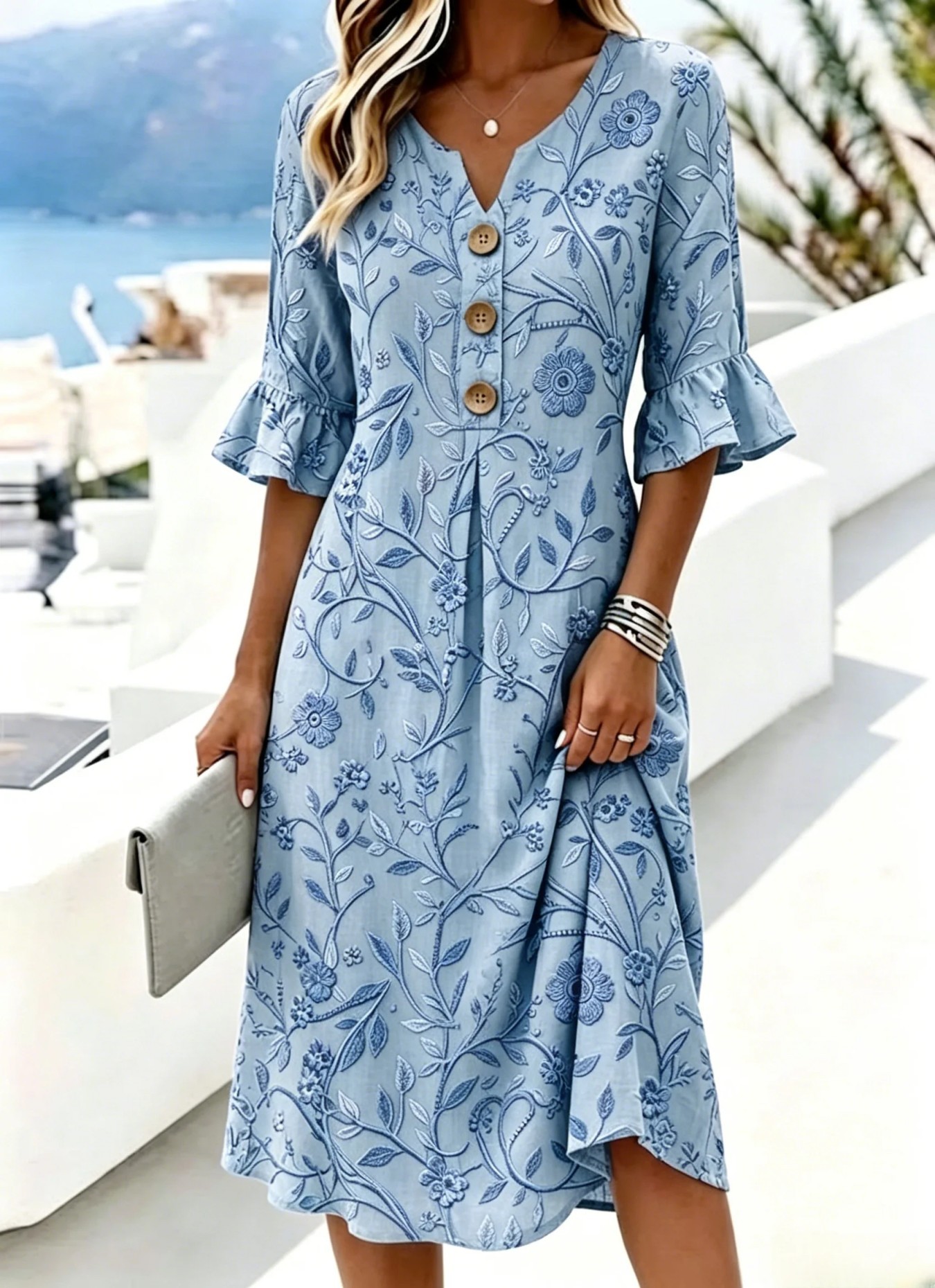 Women's Floral Print Button Midi Dress