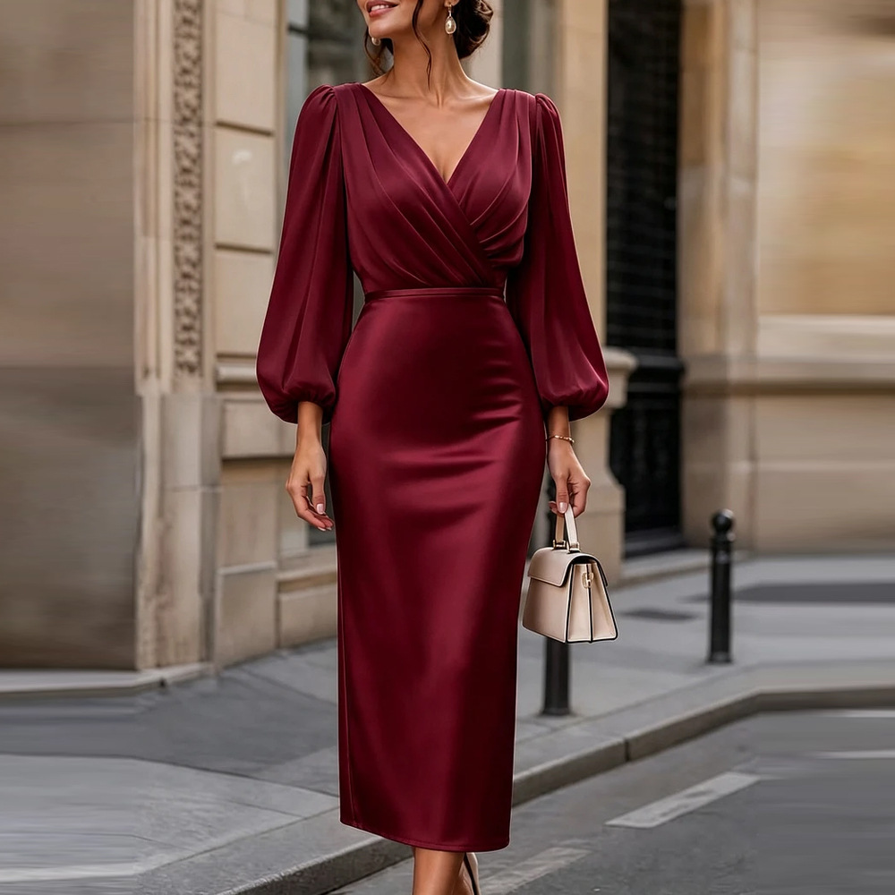 Women's Solid Color Waist-Cinched Long Sleeve Midi Dress