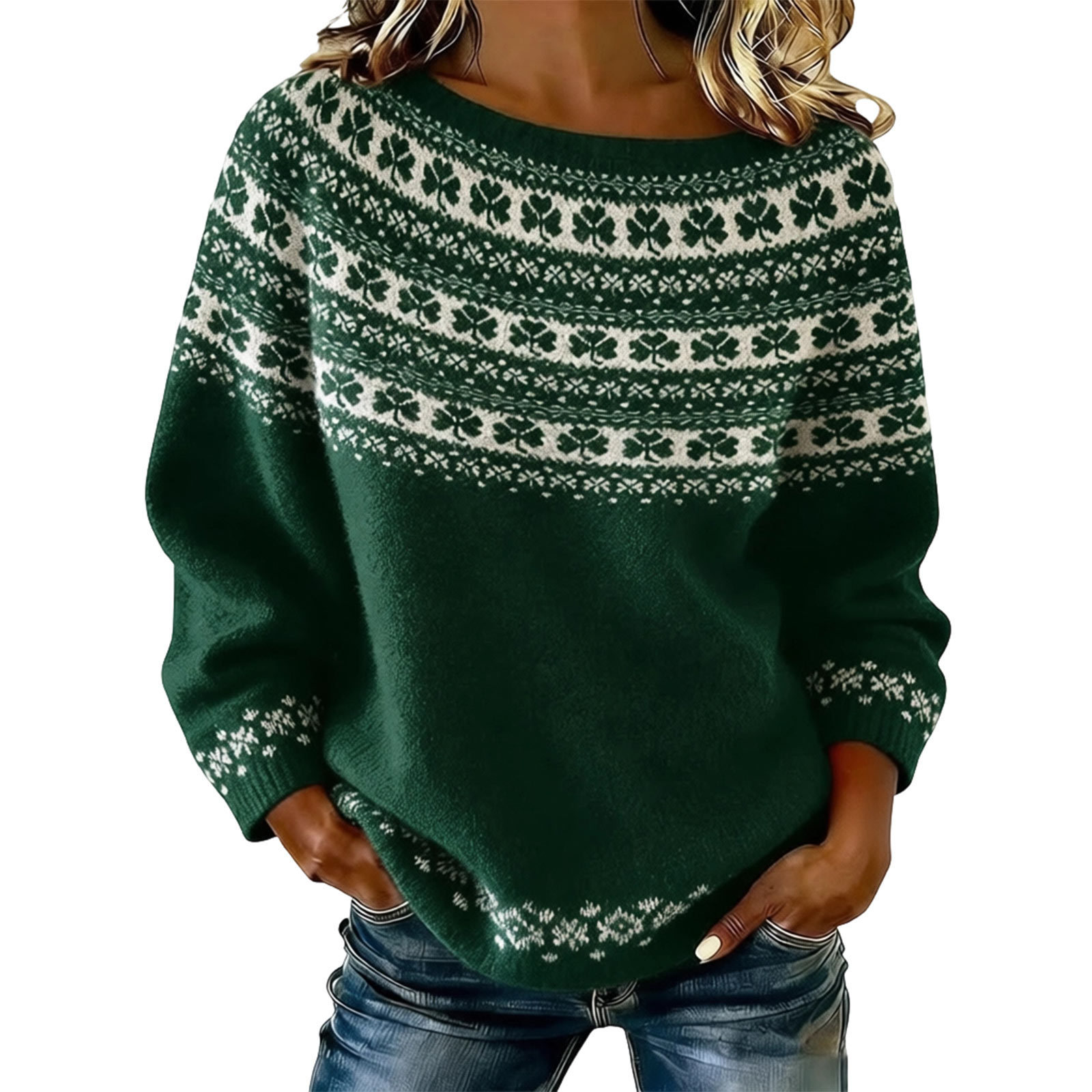 Women's Clover Print Crewneck Sweatshirt Casual Pullover