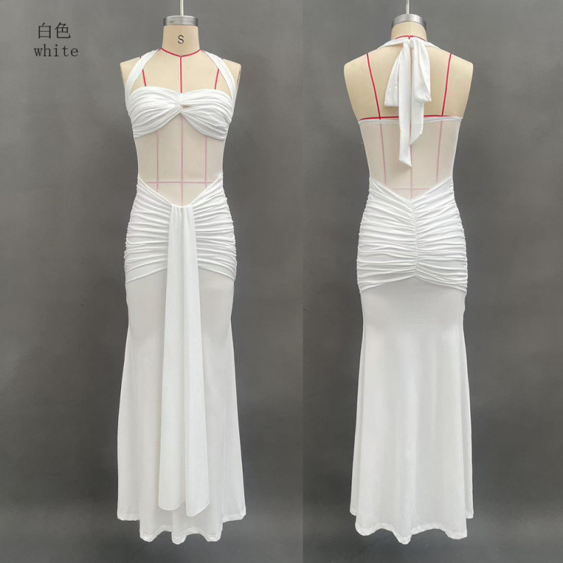 Women's Elegant Open Back Ruched Bodycon Long Dress
