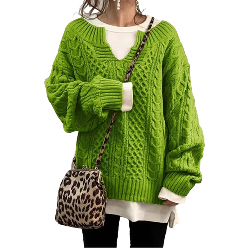 Cable-Knit Loose-Fit V-Neck Women's Sweater