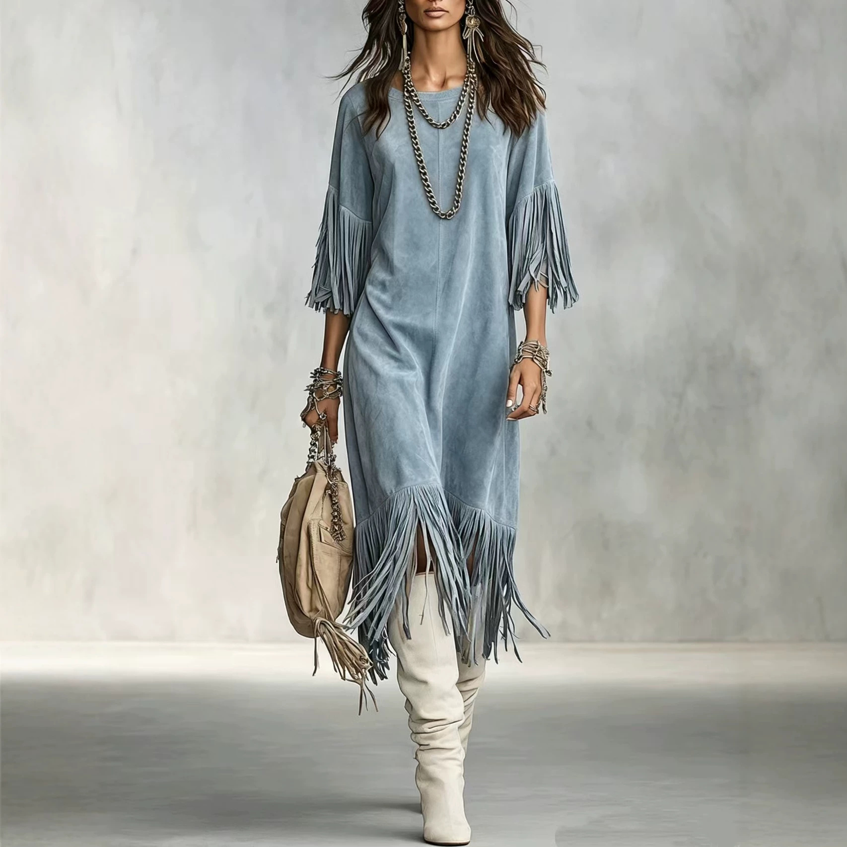 Bohemian Fringe Crewneck Drop Shoulder Dress