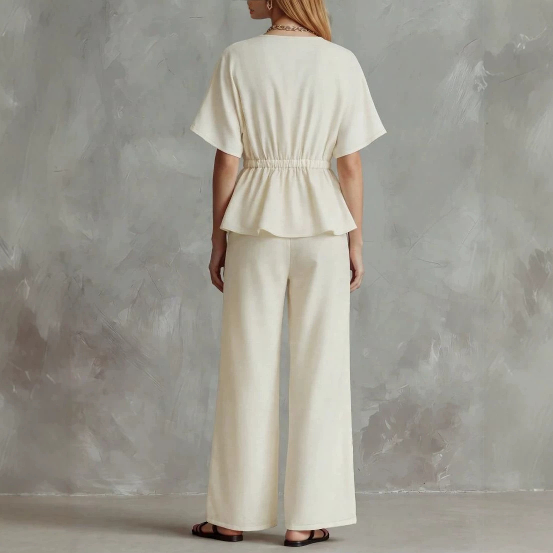 V-Neck Cinched Top and Wide-Leg Pants Two-Piece Set