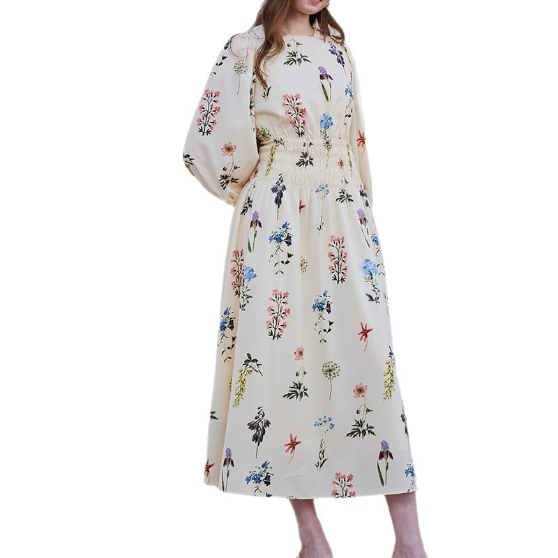 Women's Botanical Print Long Dress – Loose Fit A-Line High Waist