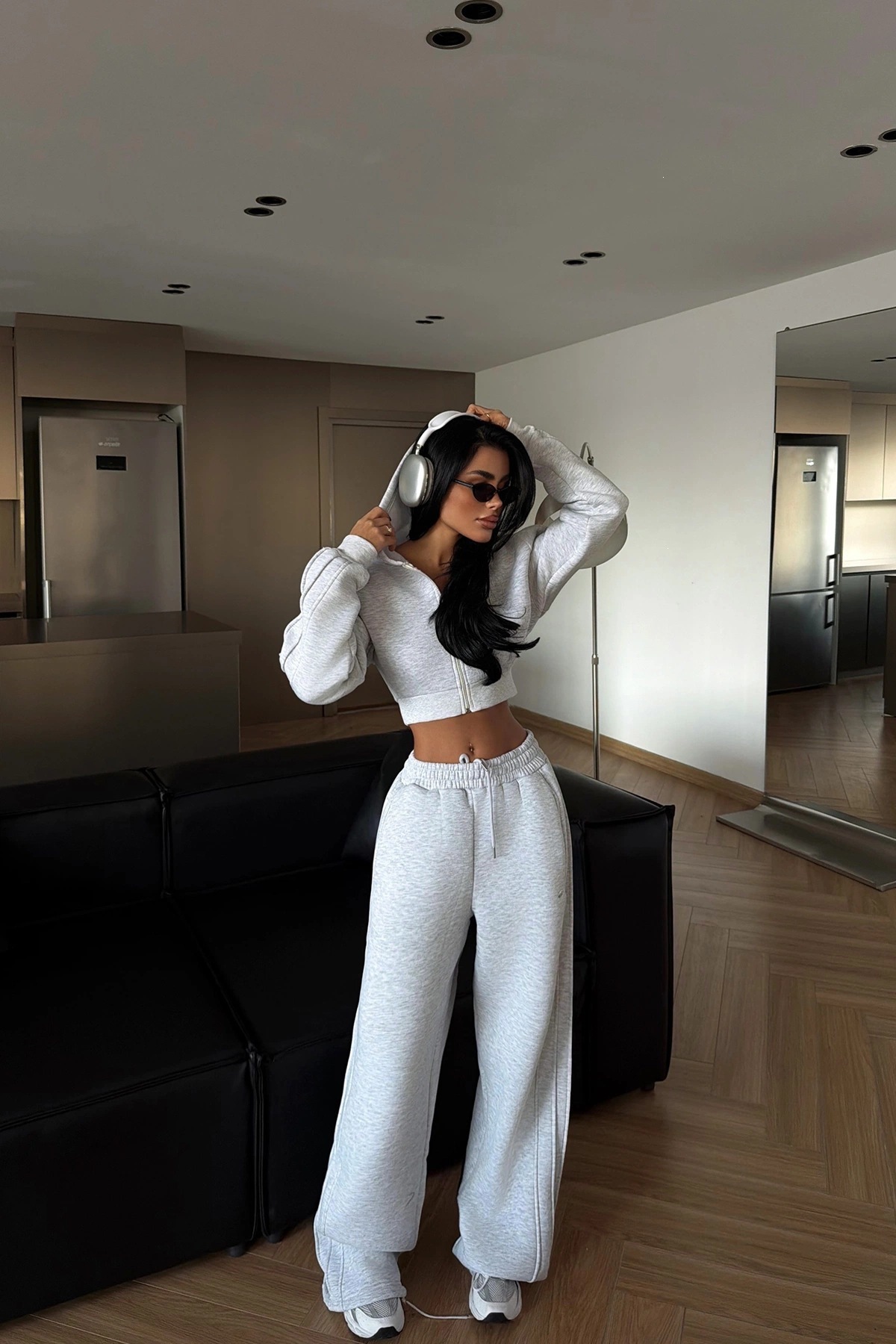 Cropped Zip-Up Hoodie and Wide-Leg Sweatpants Two-Piece Set