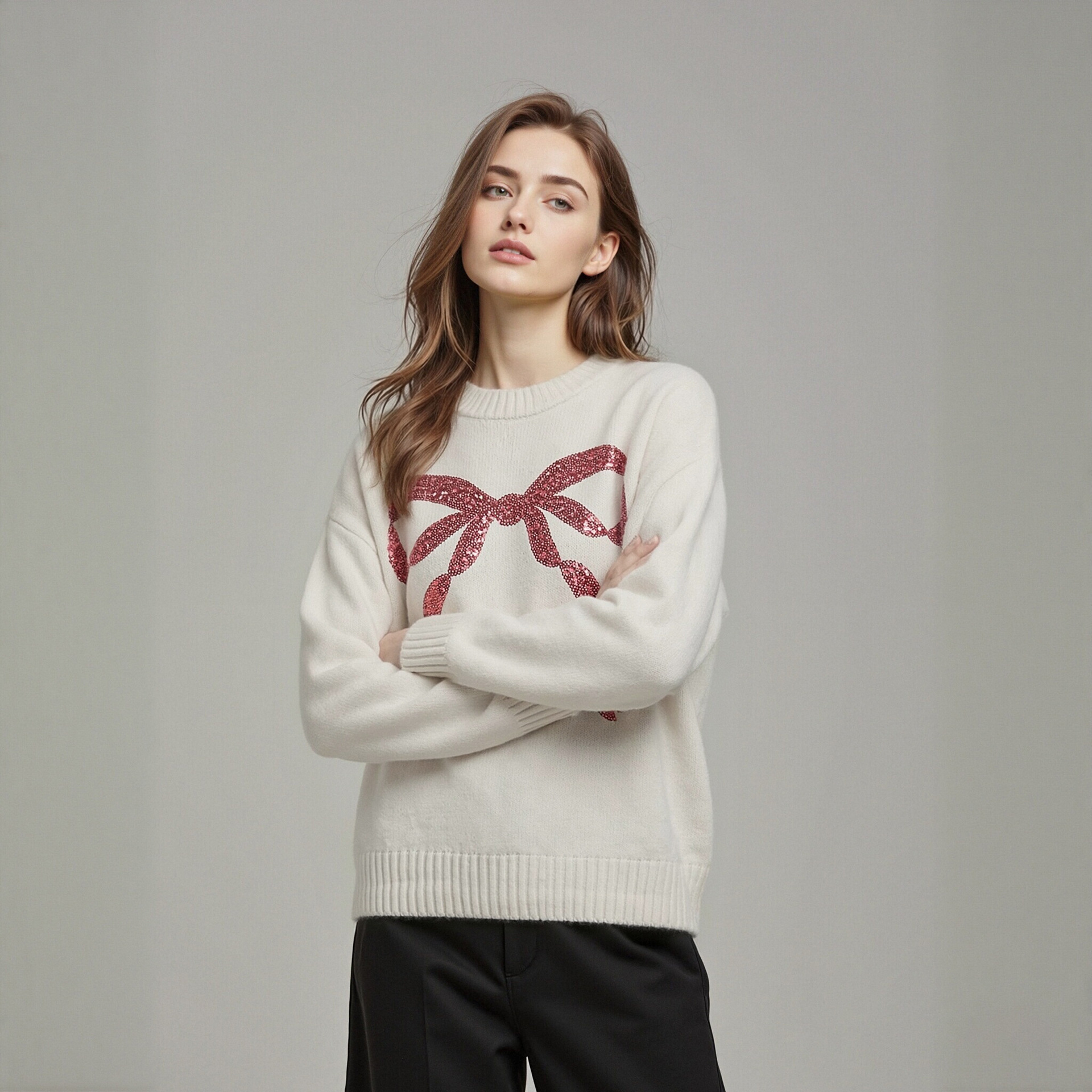 White Crewneck Sequin Bow Embroidered Christmas Sweater