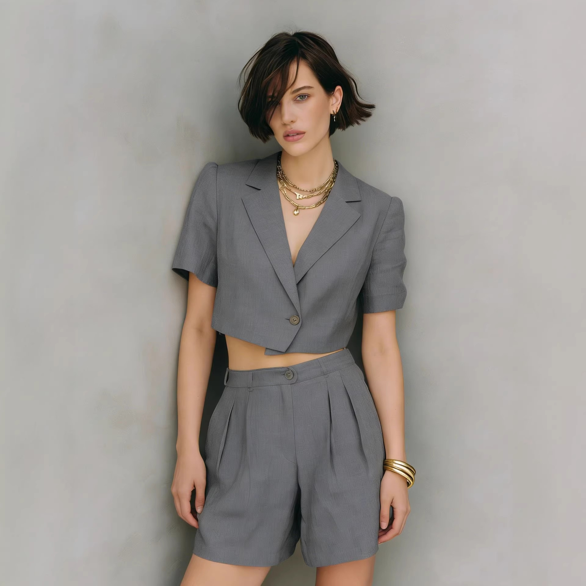 Women's Summer Cargo Two-Piece Set – Short Sleeve Blazer Top & Shorts