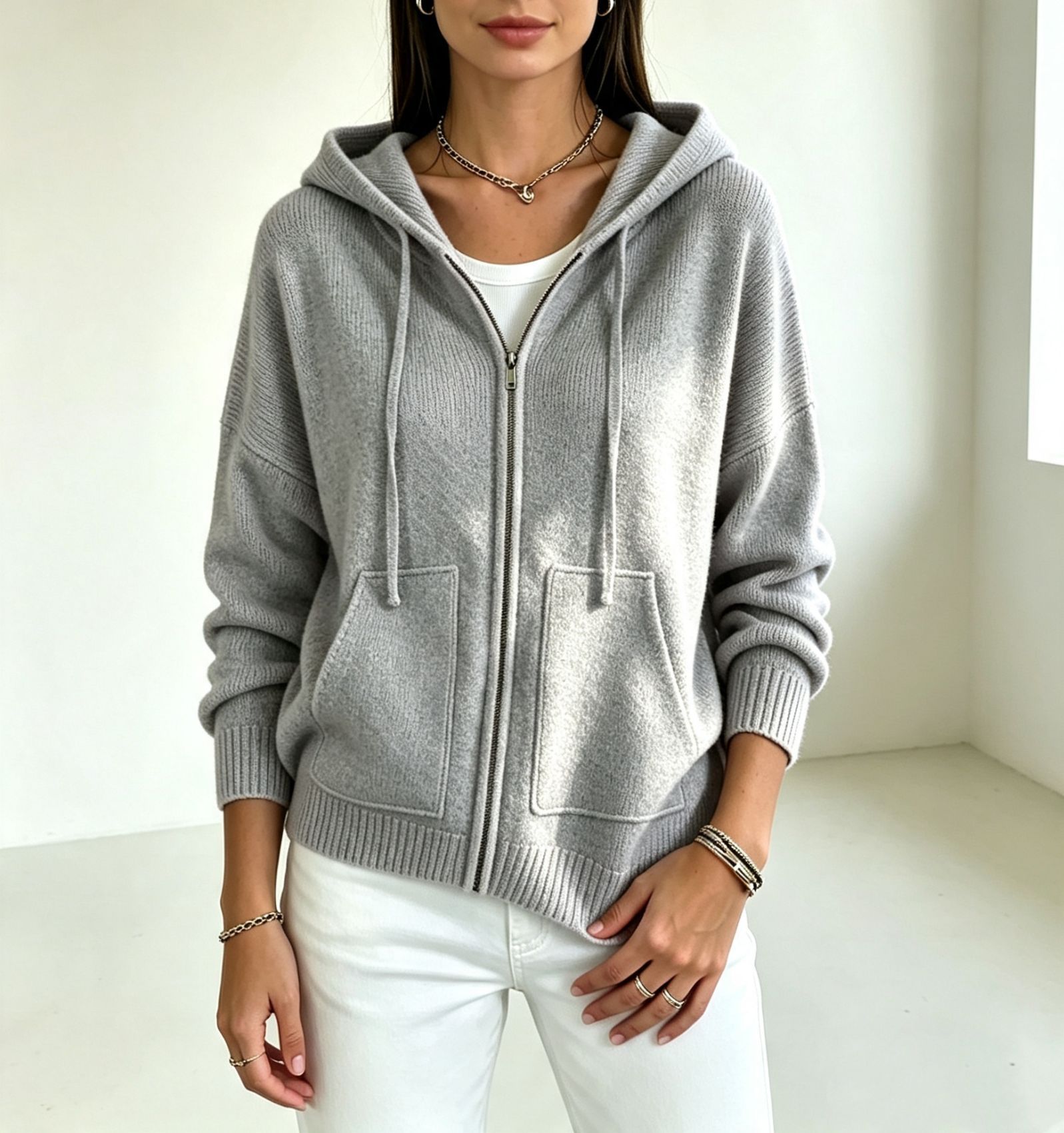 Women's Solid Hooded Zip-Up Knit Cardigan Loose Fit