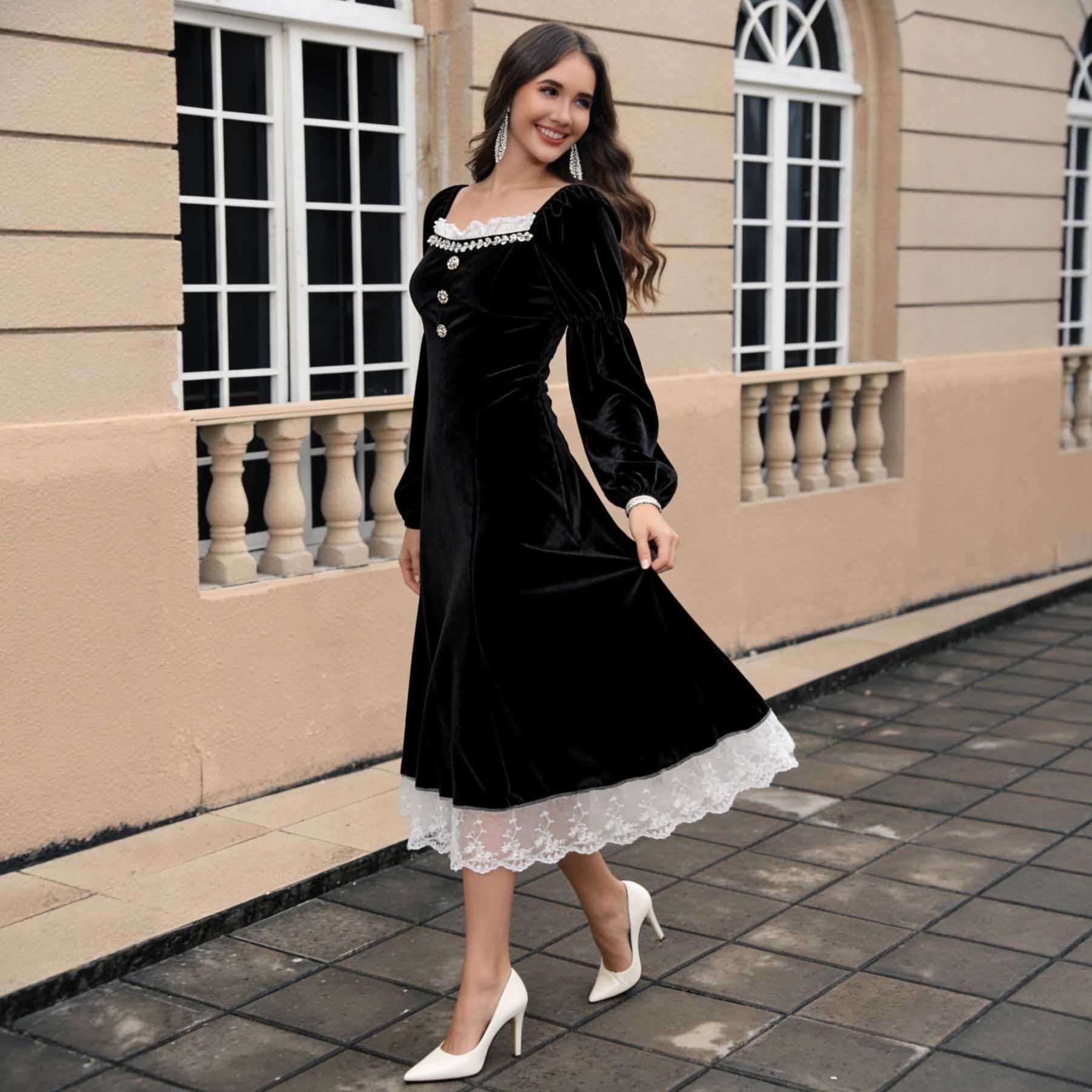 Women's Square Neck Velvet Midi Dress Long Sleeve Slim Fit