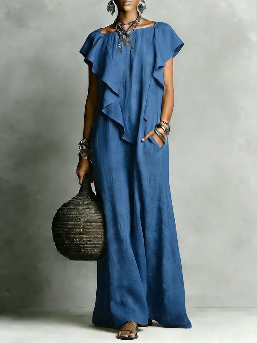 Women's Boat Neck Ruffle Long Dress Casual Loose Fit
