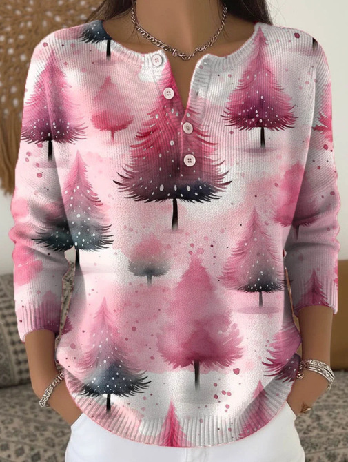 Women's Christmas Dinosaur Forest Print Button Sweatshirt