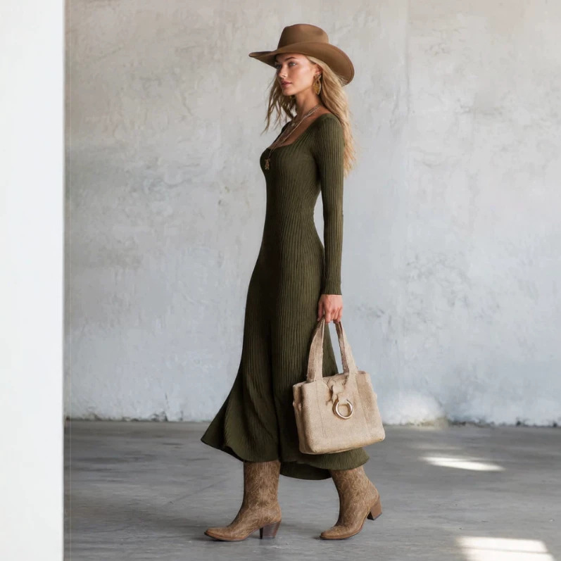 Retro Olive Green Square Neck Long Dress