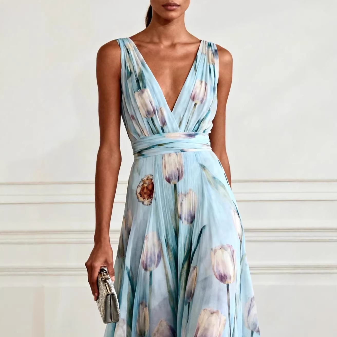 Blue Tulip Print Sleeveless V-Neck Chiffon Maxi Dress