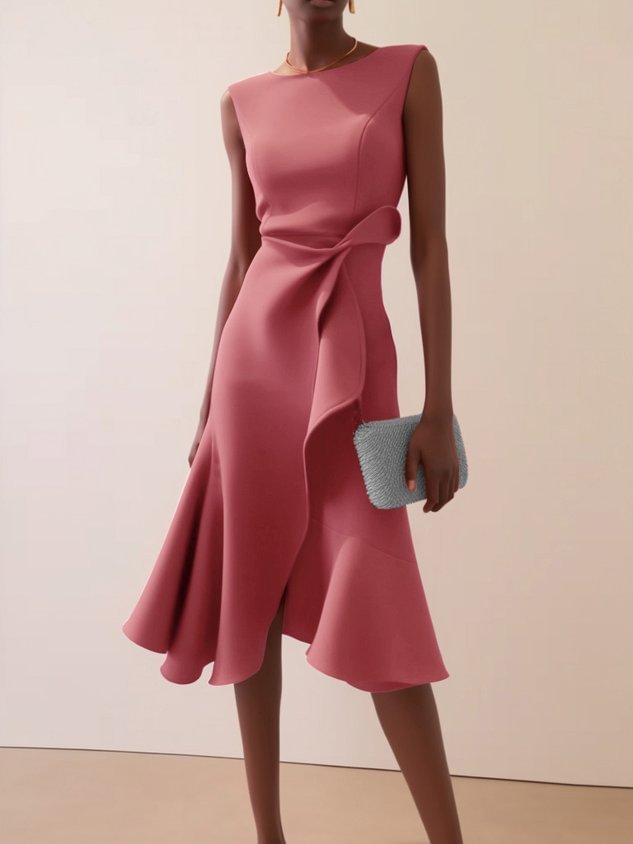 Women's Sleeveless Red Maxi Dress with Round Neck and High Waist
