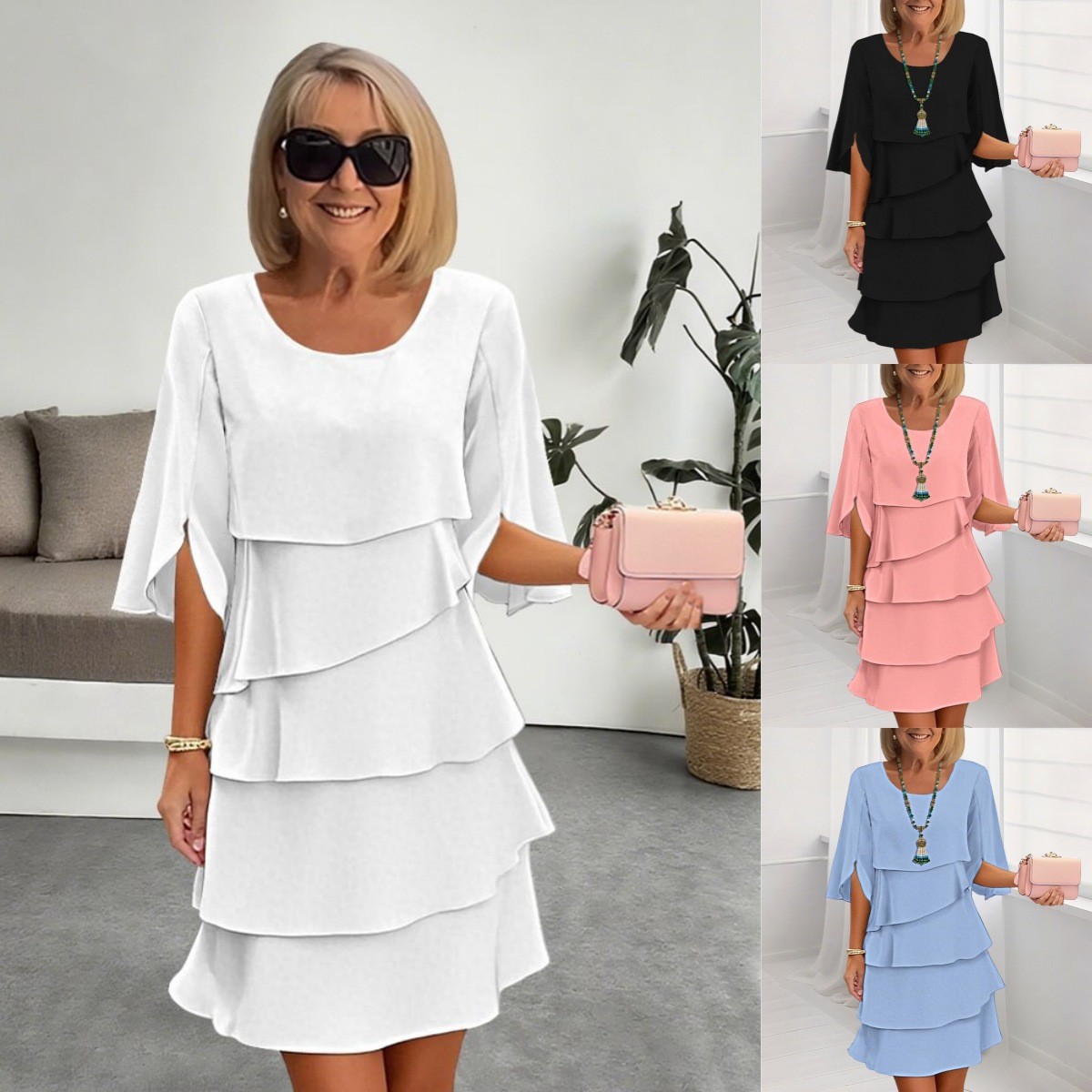 Women's Solid Color Round Neck Tiered Ruffle Dress
