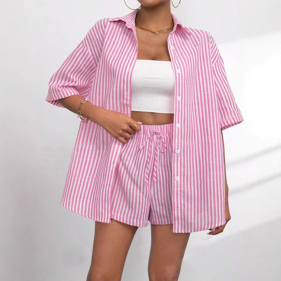 Striped Lapel Short-Sleeve Top and Shorts Two-Piece Set