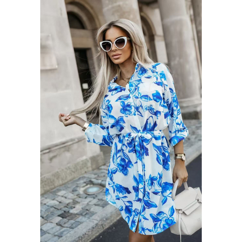 Long Sleeve Printed Shirt Dress High Neck Slim Fit