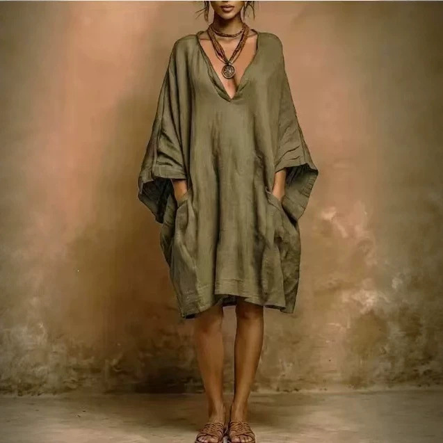 Casual Faux Cotton-Linen Batwing Sleeve Loose Dress