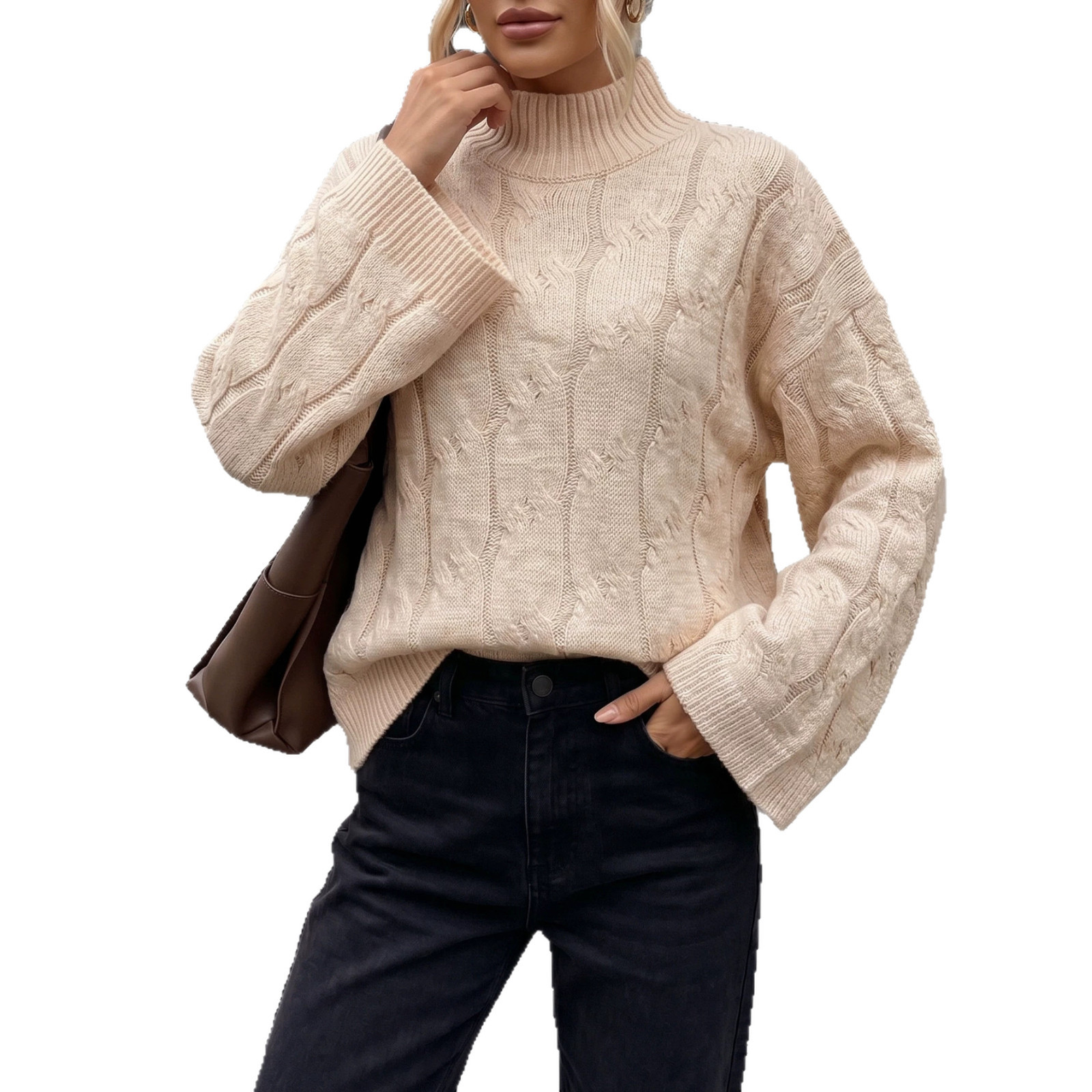 Women's Loose Fit Half Turtleneck Sweater with Flared Sleeves