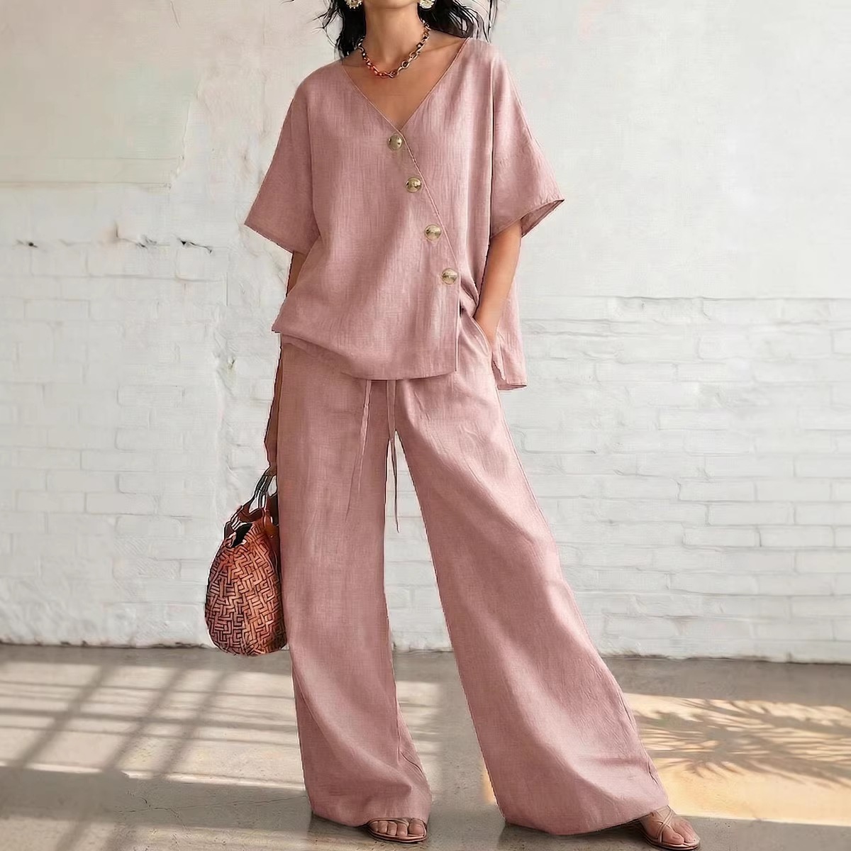 Women's Casual Solid V-Neck Short Sleeve Top and Drawstring Pants Two-Piece Set