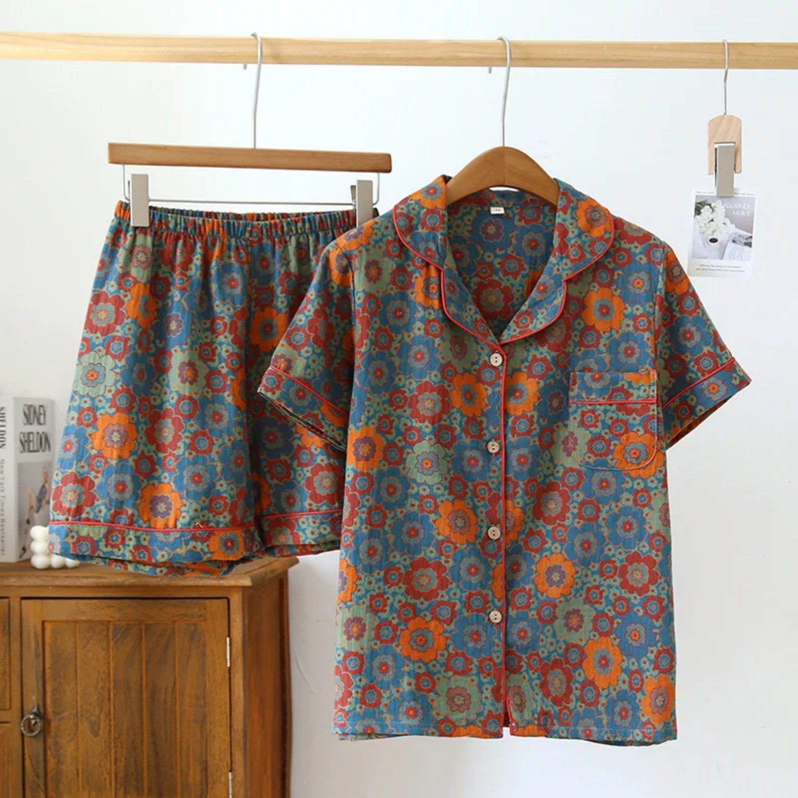 Women's Cuban Collar Floral Print Short Sleeve Shirt Set