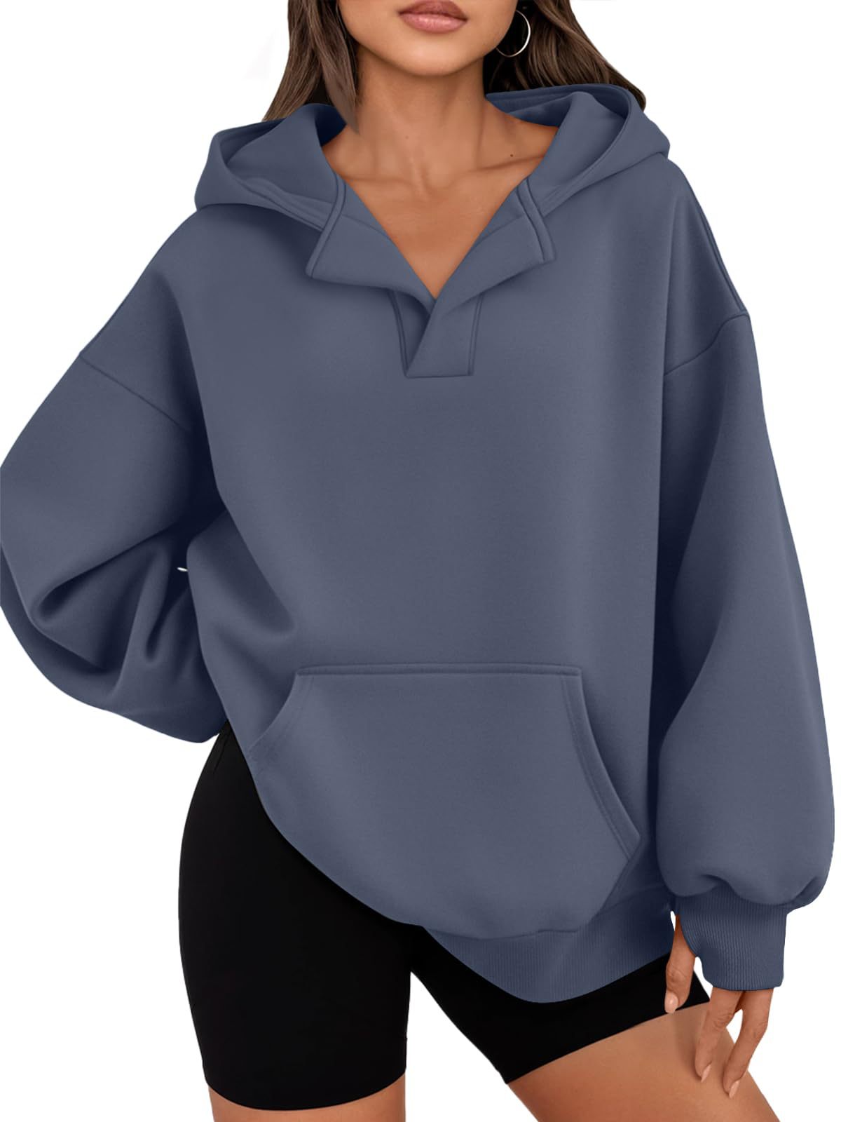 Women's V-Neck Hooded Pullover Sweatshirt with Thumbholes Cotton Fleece Casual Top